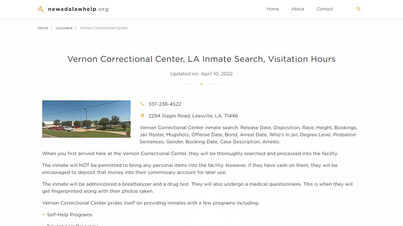 Vernon Correctional Center, LA Inmate Search, Visitation Hours